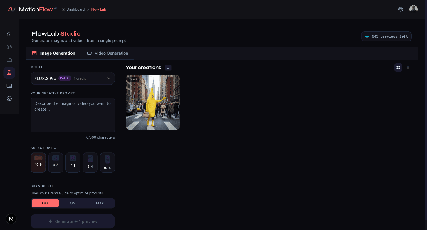 Interface Flow Lab dans MotionFlow montrant le toggle BrandPilot et la sélection de modèles IA